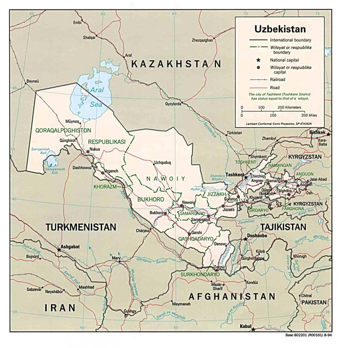 नक्शा उजबेकिस्तान आसपास के देशों